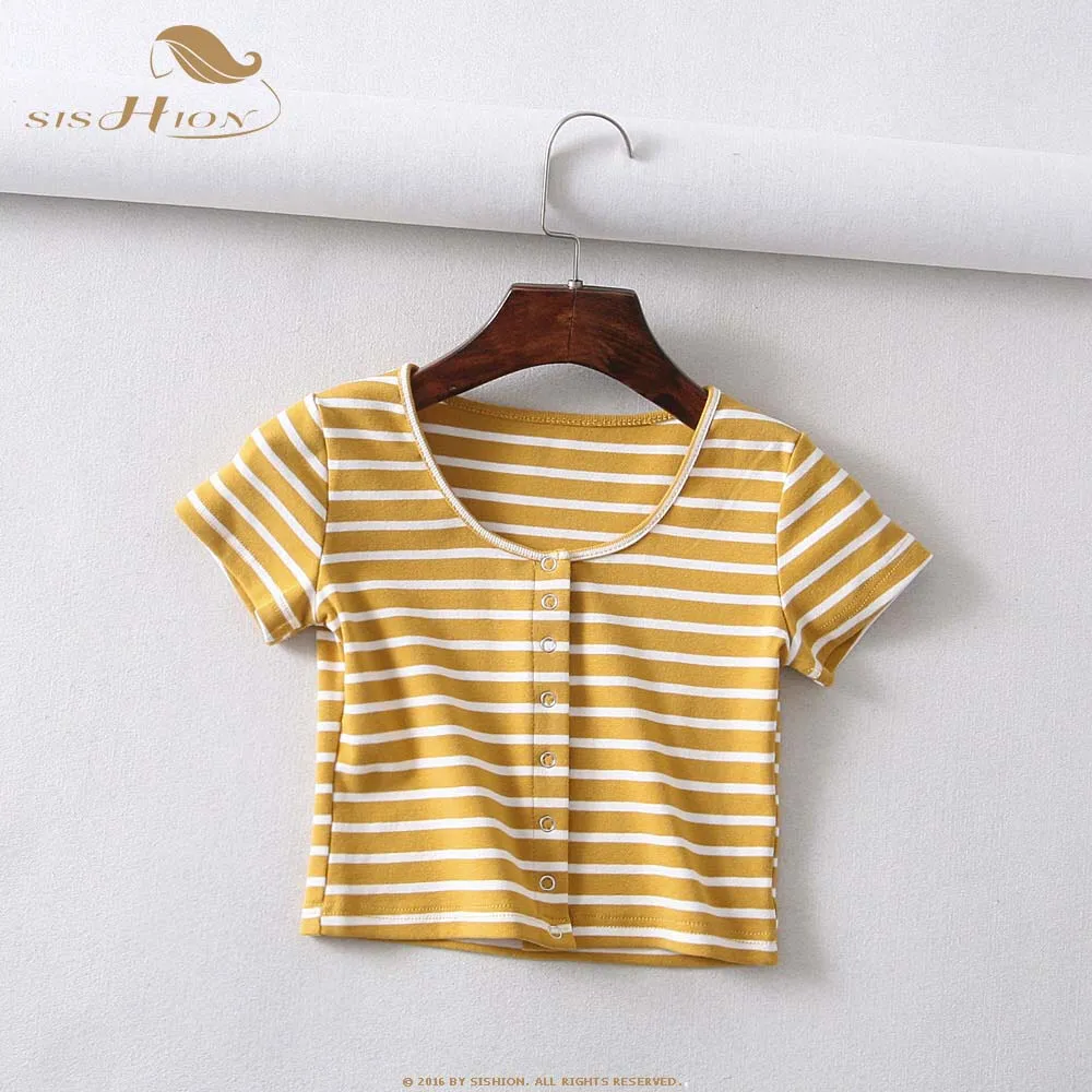 SISHION 2019 Summer Slim Row of Color Striped Cardigan tees women short sleeves single bressted mini short t-shirt SP0257
SISHION 2019 Summer Slim Row of Color Striped Cardigan tees women short sleeves single bressted mini short t-shirt SP0257