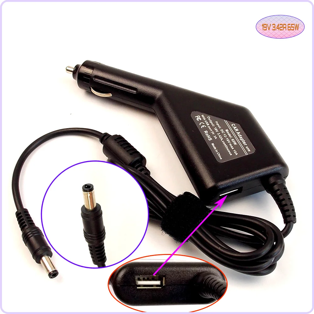 Ноутбук Автомобиля DC Адаптер Зарядное Устройство 19 В 3.42A 65 Вт USB Порт для ASUS M24N M3NP