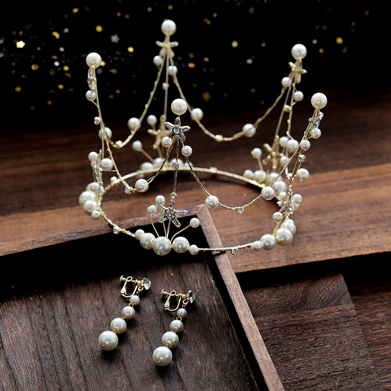 New Vintage Star Gold Crystal Pearl Full Round Tiaras and Crowns Earring Sets Wedding Hair Accessories Bridal Party Jewelry
New Vintage Star Gold Crystal Pearl Full Round Tiaras and Crowns Earring Sets Wedding Hair Accessories Bridal Party Jewelry