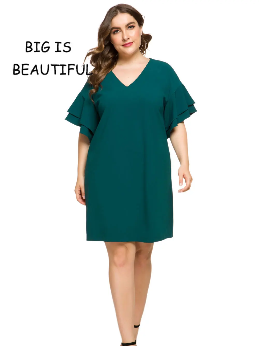 Big Is Beautiful Plus Size Women 6xl Solid Double Flare Sleeve Knee Length Dress Ladies 5xl V Neck Short Sleeve Casual Dresses 
Big Is Beautiful Plus Size Women 6xl Solid Double Flare Sleeve Knee Length Dress Ladies 5xl V Neck Short Sleeve Casual Dresses