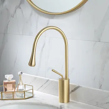 

MTTUZK Newly Drop Style Basin Faucet Brass Brushed Gold Drop Faucets Hot Cold Mixer Tap 360 Swivel Waterfall Faucets Art Crane