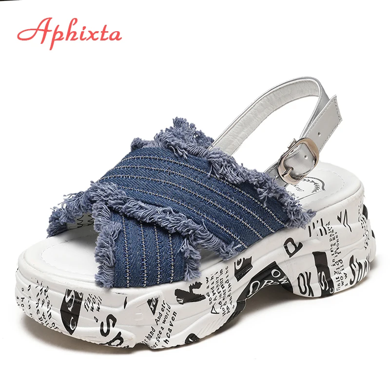Aphixta Platform Sandals Women Wedge Heels Shoes Buckle Denim Jean Summer Zapatos Mujer Canvas Slippers Woman Sandal | Обувь