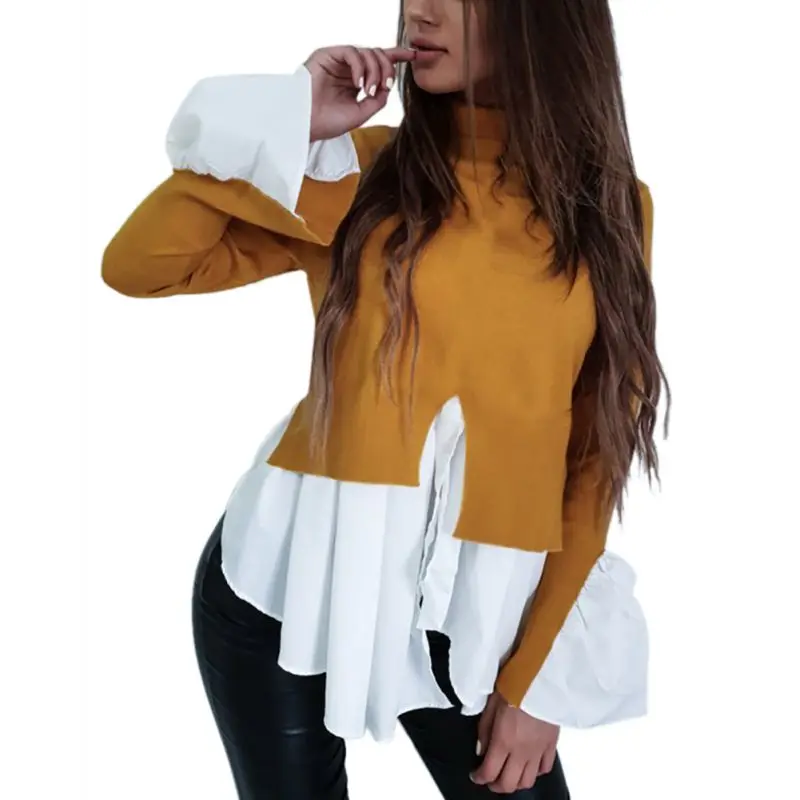 2019 Autumn Turtleneck Flare Sleeve Irregular Pullover Female Ruffles Split Patchwork Blouse Shirts Kawaii Women Tops Jumper
2019 Autumn Turtleneck Flare Sleeve Irregular Pullover Female Ruffles Split Patchwork Blouse Shirts Kawaii Women Tops Jumper