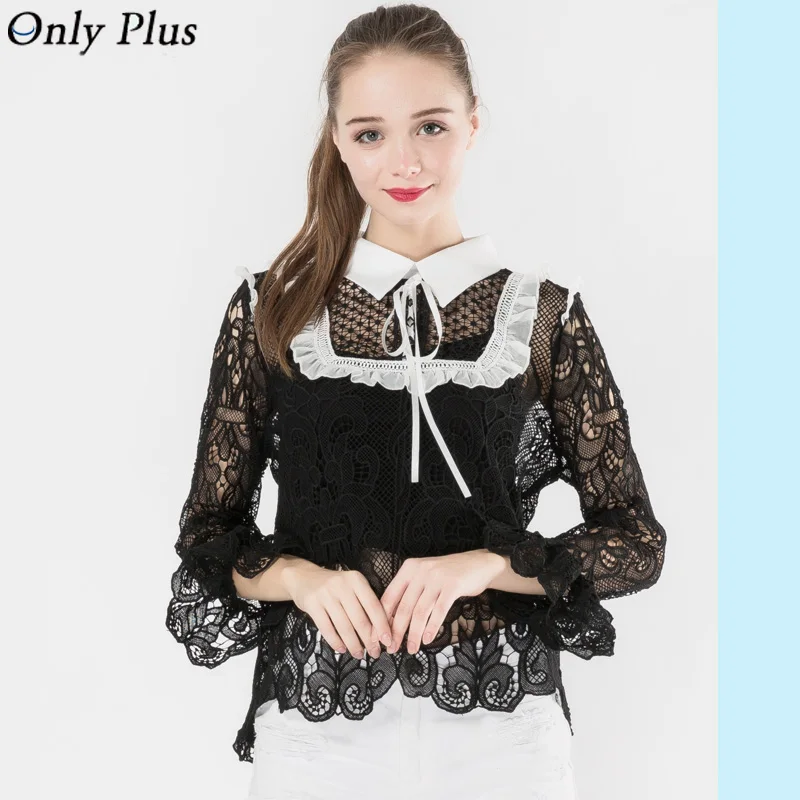 ONLY PLUS Black Lace Tops Crochet Crop Sexy Hollow Out Stitching Collar Fashion Keyhole Back Flare Sleeve Bl |