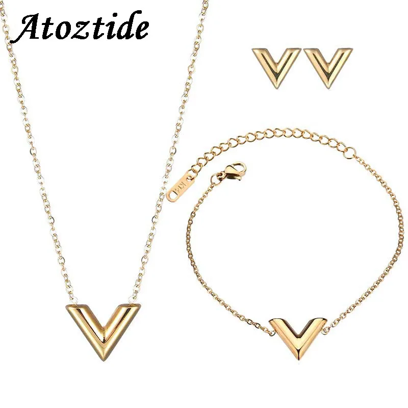 Atoztide Charm Women Stainless Steel Letter V Jewelry Sets Brand Piercing Stud Earrings Pendant Necklace Adjustable Bracelet
Atoztide Charm Women Stainless Steel Letter V Jewelry Sets Brand Piercing Stud Earrings Pendant Necklace Adjustable Bracelet
