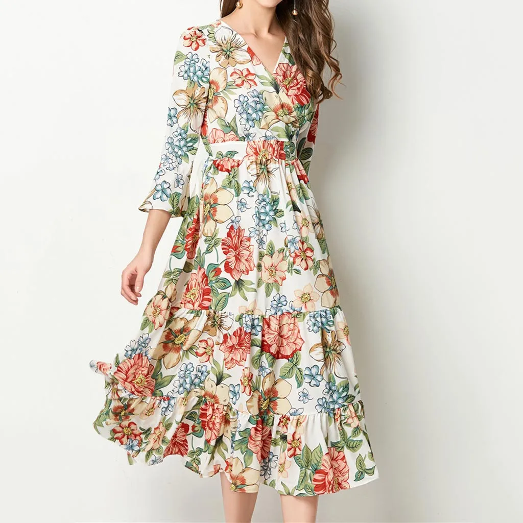 Floral Print Chiffon Dress Women A line V Neck Knee Length Ruffles Hem Beach Summer Dresses Elegant Vintage Party Dress Vestidos
Floral Print Chiffon Dress Women A line V Neck Knee Length Ruffles Hem Beach Summer Dresses Elegant Vintage Party Dress Vestidos