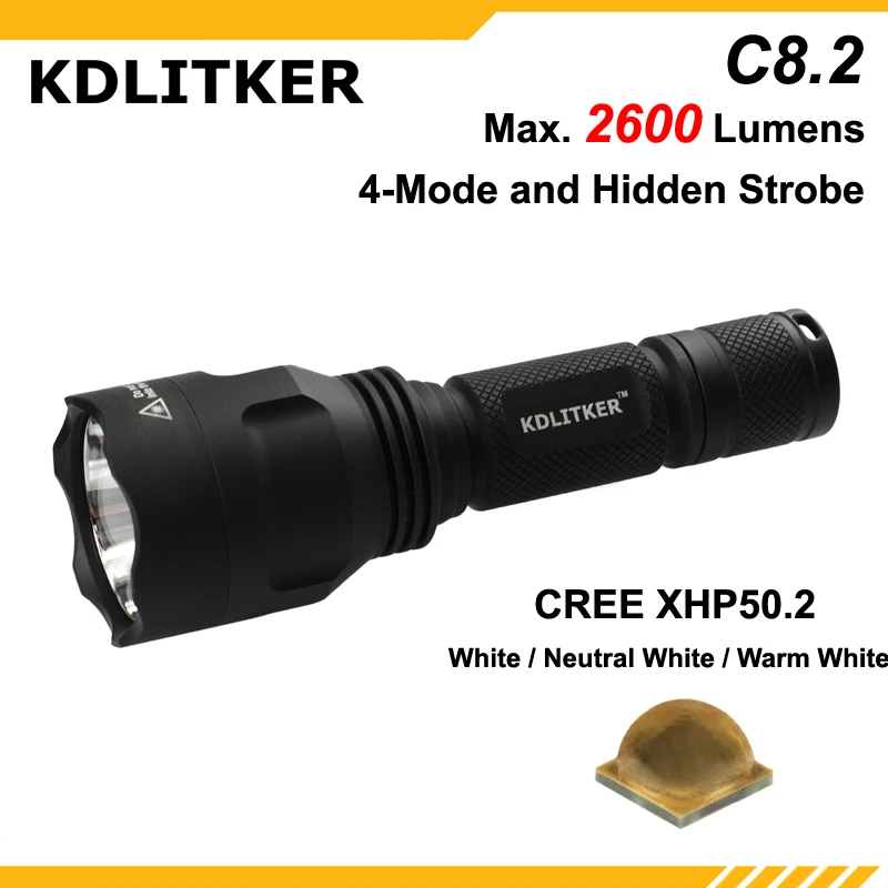 

New KDLITKER C8.2 Cree XHP50.2 White / Neutral White / Warm White 2600 Lumens 5-Mode LED Flashlight - Black ( 1x18650 )