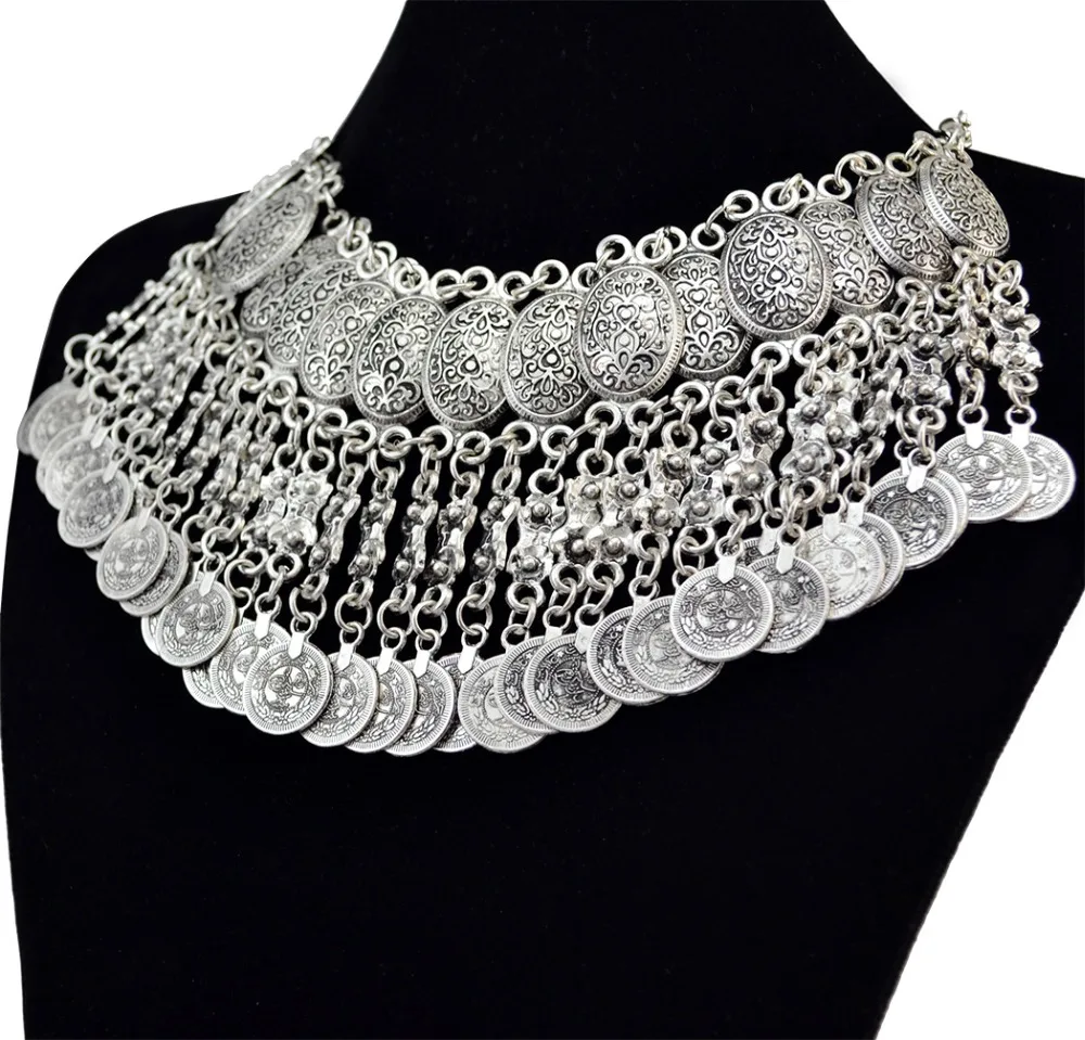 Bohemian Style Vintage Silver Alloy plated Charm Chunky Necklaces Carved Flower Tassel Coins Statement Necklace for Women
Bohemian Style Vintage Silver Alloy plated Charm Chunky Necklaces Carved Flower Tassel Coins Statement Necklace for Women