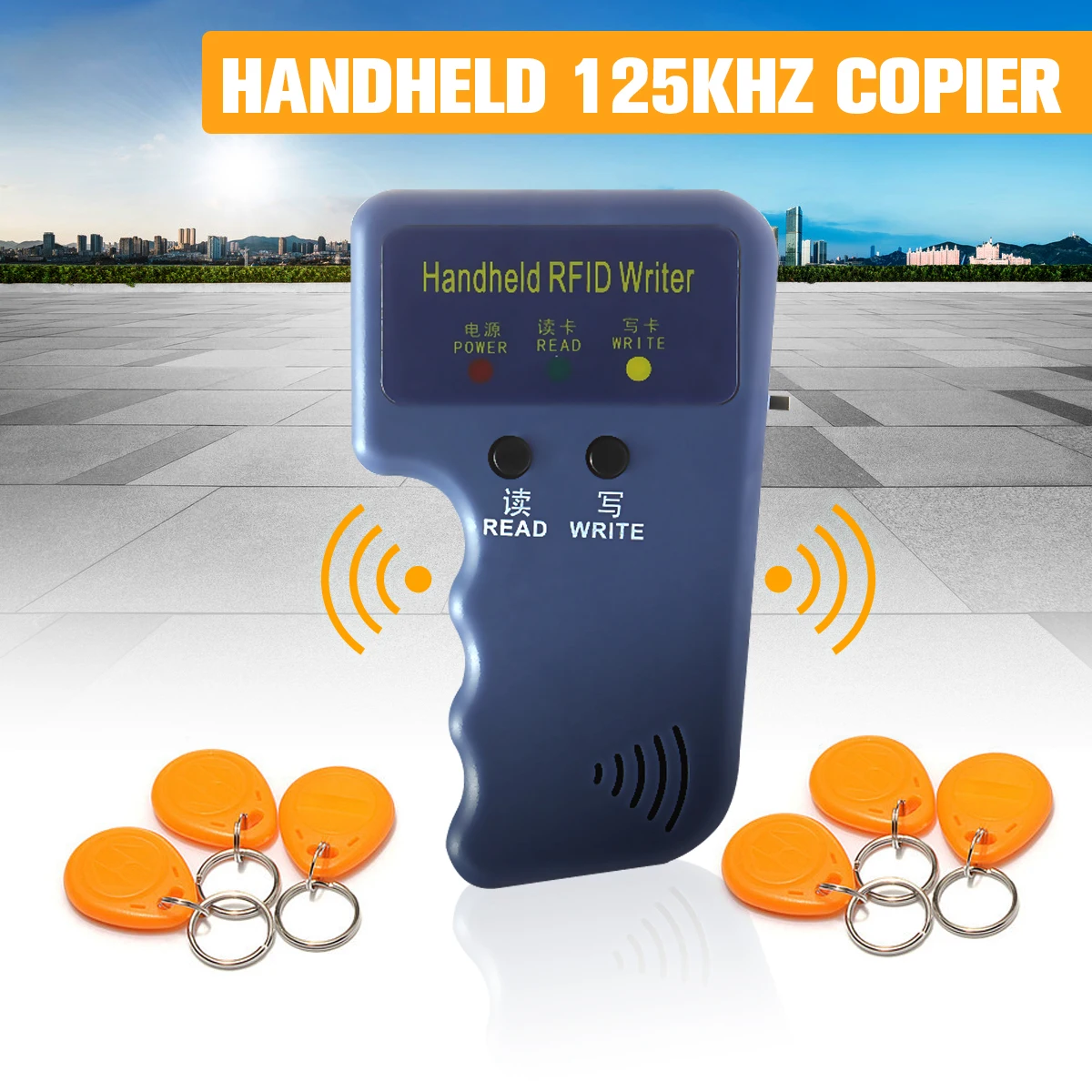 RFID Handheld 125KHz EM4100 ID Card Copier Writer Duplicator Programmer Reader+6Keys+6pcs Rewritable ID Keyfobs Tags Cards
RFID Handheld 125KHz EM4100 ID Card Copier Writer Duplicator Programmer Reader+6Keys+6pcs Rewritable ID Keyfobs Tags Cards