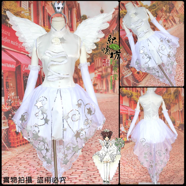 Cardcaptor Sakura kinomoto sakura cosplay white costume star Wedding costume with wing and gloves
Cardcaptor Sakura kinomoto sakura cosplay white costume star Wedding costume with wing and gloves