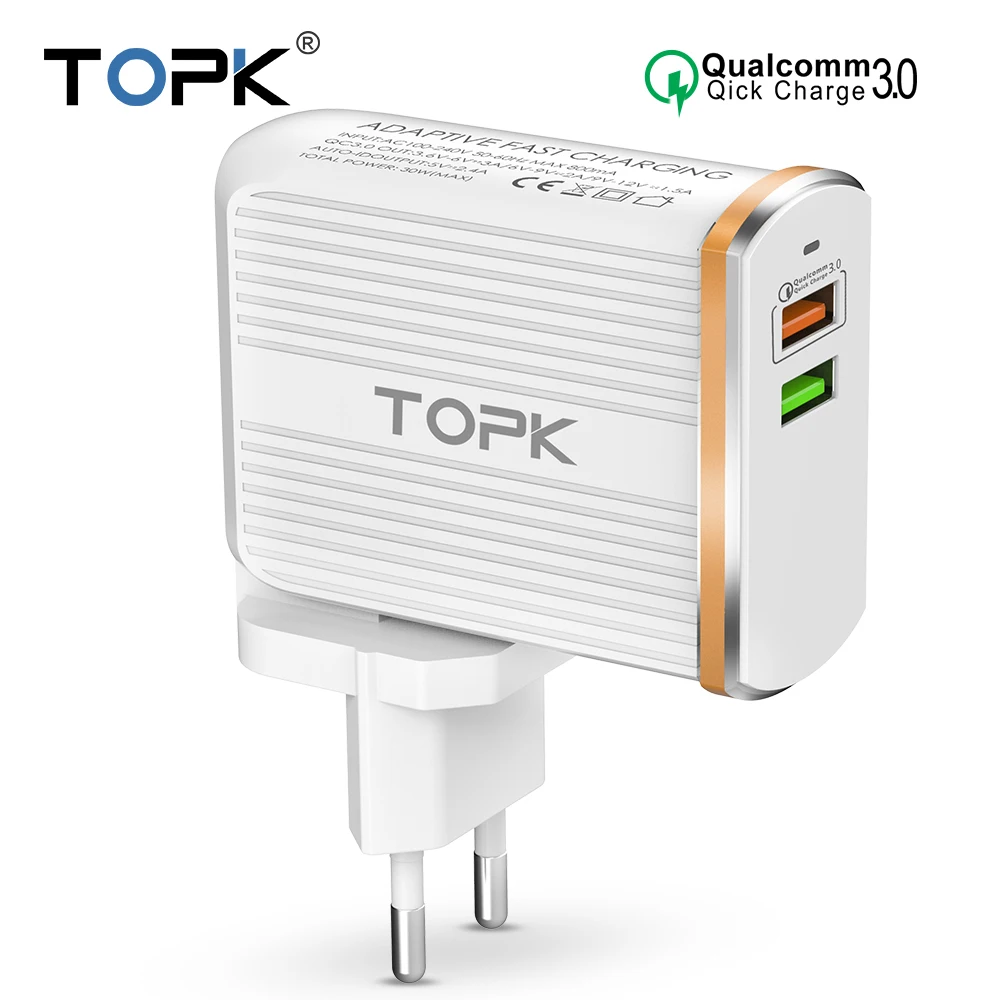 

TOPK Mobile Phone Charger 30W USB Charger For iPhone Samsung Xiaomi Huawei Quick Charge 3.0 Fast Charger Dual USB Travel Adapter