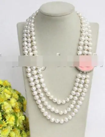 natural 50" 3row 9mm round white pearls necklace sea clasp j12205 | Украшения и аксессуары