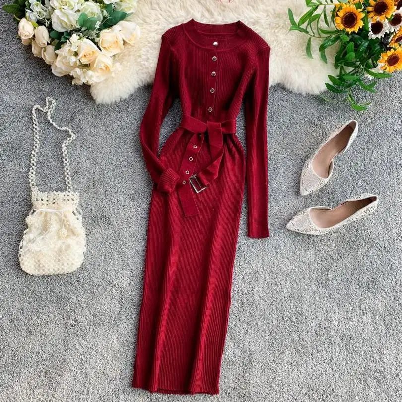 Taotrees Vertical Stripes Warm Dress Ladies Pit Knitwear Long Dress Belt Slim Dresses Solid Color Basic Knitted Dresses
Taotrees Vertical Stripes Warm Dress Ladies Pit Knitwear Long Dress Belt Slim Dresses Solid Color Basic Knitted Dresses