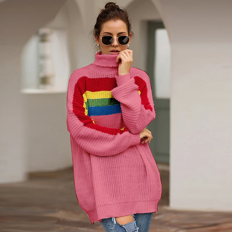 Women's Knitted Jacket Fashion Rainbow Colorblock Colorblock Long Sleeve Turtleneck Knit Sweater Long Loose Women's Sweater 2019
Women's Knitted Jacket Fashion Rainbow Colorblock Colorblock Long Sleeve Turtleneck Knit Sweater Long Loose Women's Sweater 2019