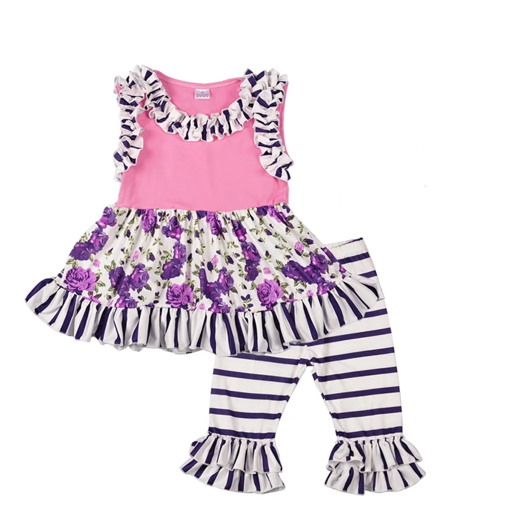 New Arrival Toddler Clothing Summer Set Sleeveless Purple Striped Floral Pattern Ruffle Capris Without Accessories 2GK801-085
New Arrival Toddler Clothing Summer Set Sleeveless Purple Striped Floral Pattern Ruffle Capris Without Accessories 2GK801-085