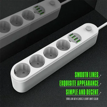 

PLYMOTON Power Strip EU Standard Multiple Sockets with 4 AC Outlets 4 USB Chargers Surge Protector 2500W Plug Sockets