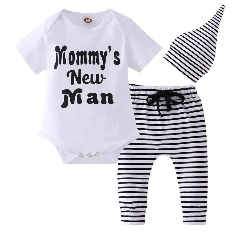 Newborn Infant Baby Boy Clothes Set Short sleeve Letter Mommy's New Man Bodysuit Tops+Stripe Pants+Hat 3PCS Outfits Clothing Set
Newborn Infant Baby Boy Clothes Set Short sleeve Letter Mommy's New Man Bodysuit Tops+Stripe Pants+Hat 3PCS Outfits Clothing Set