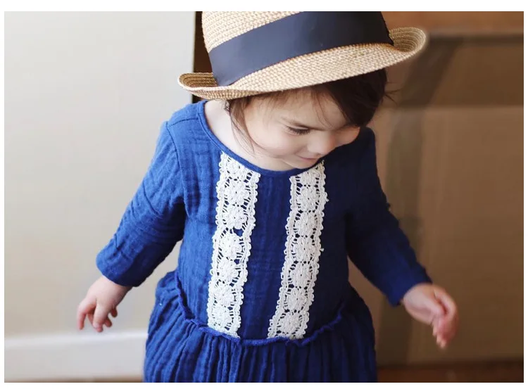 Mother nest Lone Sleeves Baby Girl Lace Dress Dark Blue Linen Cute Newborn Clothes Dresses Children Simple Cotton 1st Birthday (22)