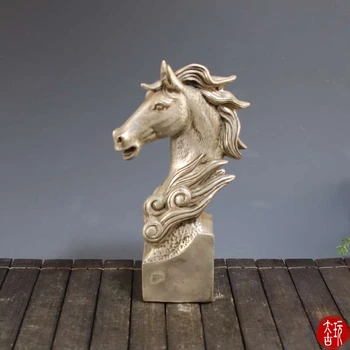 

Art home decoration Folk Culture China Zodiac Animal Horse Head Bust carved totem white Copper Statue