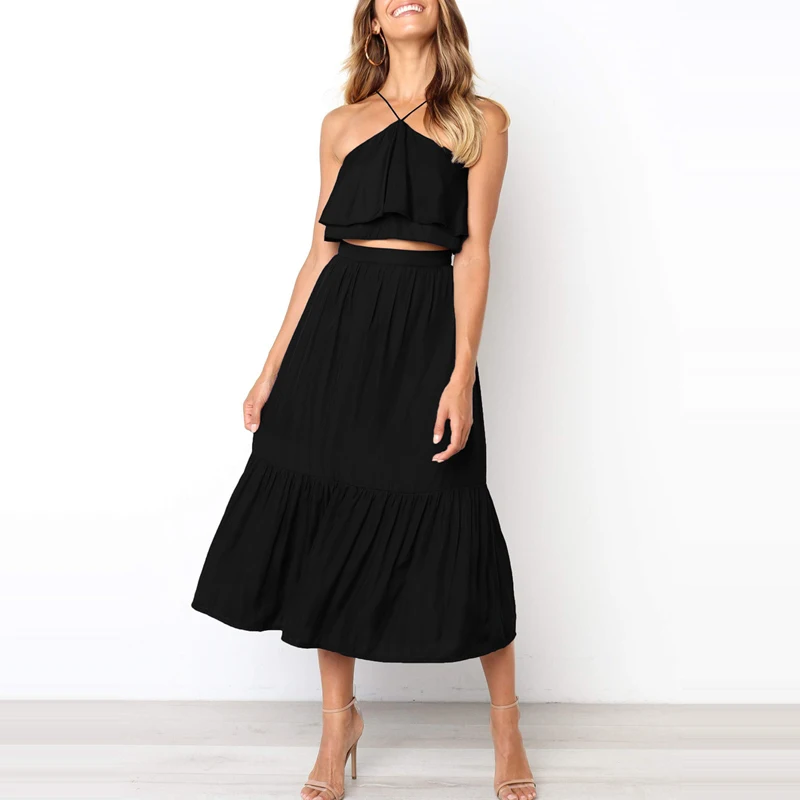 Casual Two-piece-set Sleeveless Backless Top Chiffon Camisole Sexy Cross Strap Shirt Ruffle Pleated Long Skirts
Casual Two-piece-set Sleeveless Backless Top Chiffon Camisole Sexy Cross Strap Shirt Ruffle Pleated Long Skirts
