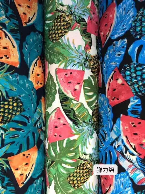 150cm width Four sides elastic fabric fruit watermelon pineapple leaves pattern can't see through with stretch CH-1527
150cm width Four sides elastic fabric fruit watermelon pineapple leaves pattern can't see through with stretch CH-1527