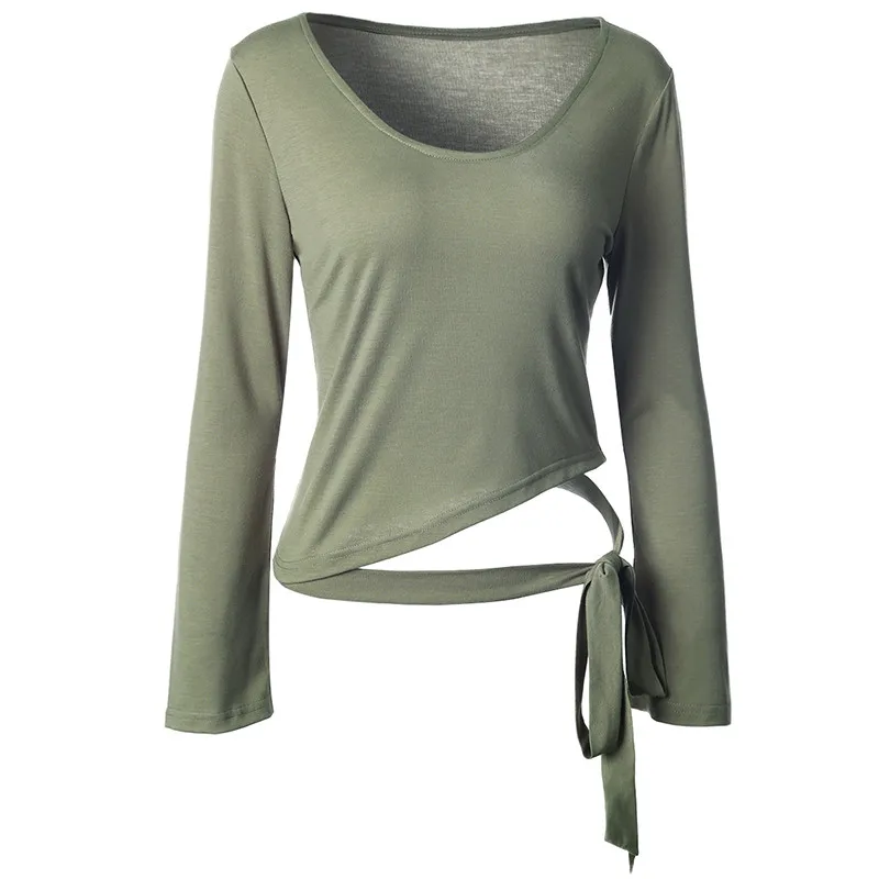 Lumier Women's Sports T-shirt Scoop Neck Wrap Bandage Tie Yoga Ballet Dance Top Breathable Autumn Sportswear Sport Jerseys Shirt (1)