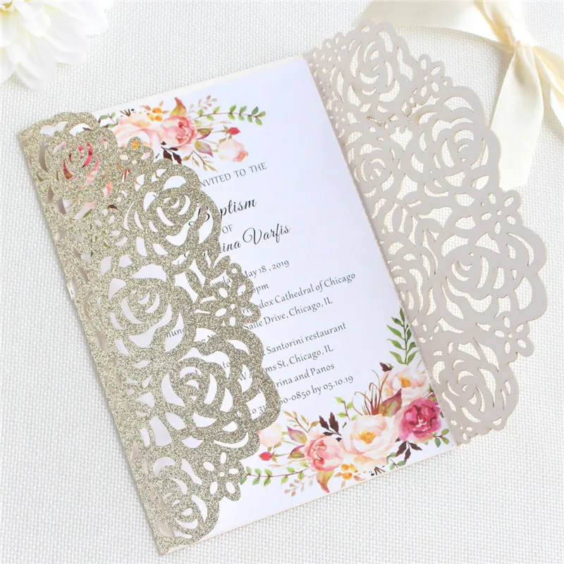 Invitation wedding card glittery rose laser cutting with ribbon decoration personalized printing 50pcs
Invitation wedding card glittery rose laser cutting with ribbon decoration personalized printing 50pcs