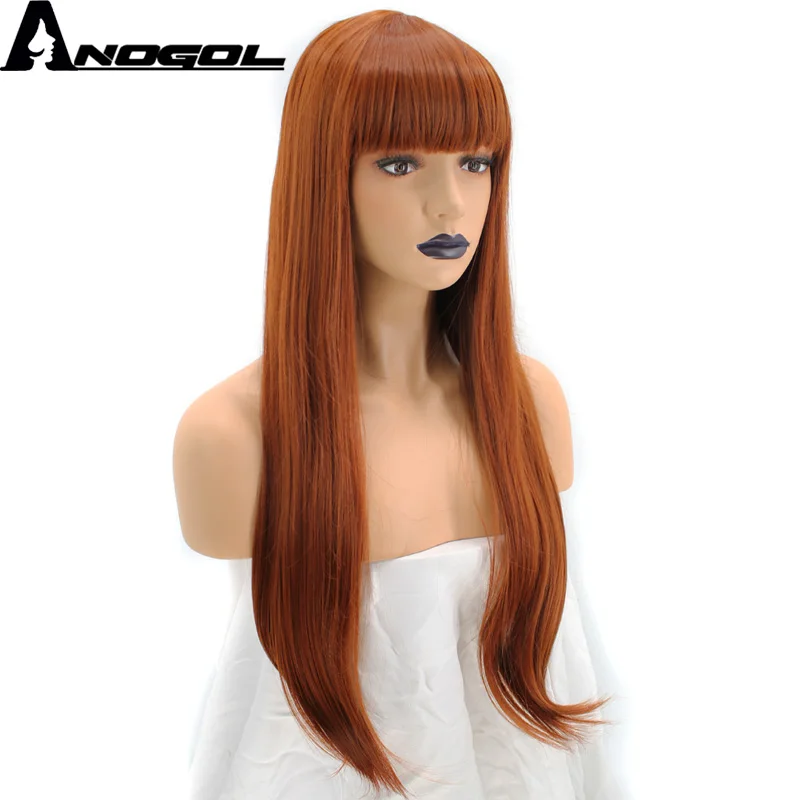 

Anogol Orange Auburn Red High Temperature Fiber Natural Long Straight Synthetic Wig For Ladies Girls Women With Flat Bang Fringe