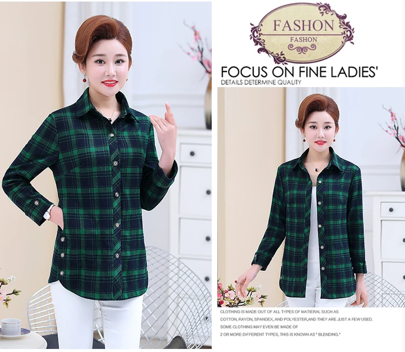 Woman Casual Shirt Red Green Plaid Pattern Blouse Female Check Print Cotton Tops Women Leisure Long Sleeve Button Front Shirts (5)