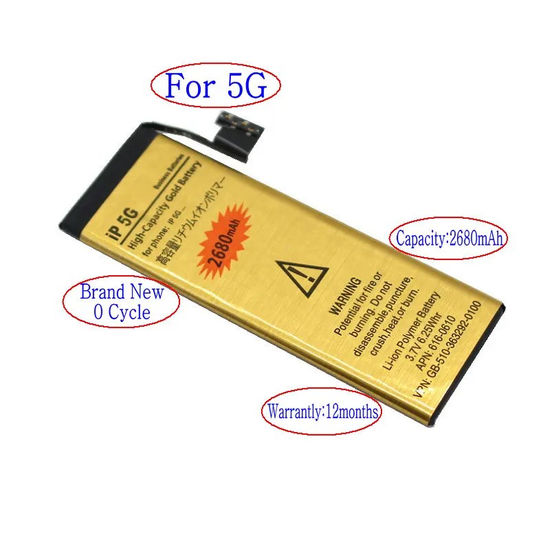 1x 2680mAh 0 zero cycle Replacement Gold Li-Polymer Battery For iPhone 5G 5 G Accumulator Batteries
1x 2680mAh 0 zero cycle Replacement Gold Li-Polymer Battery For iPhone 5G 5 G Accumulator Batteries
