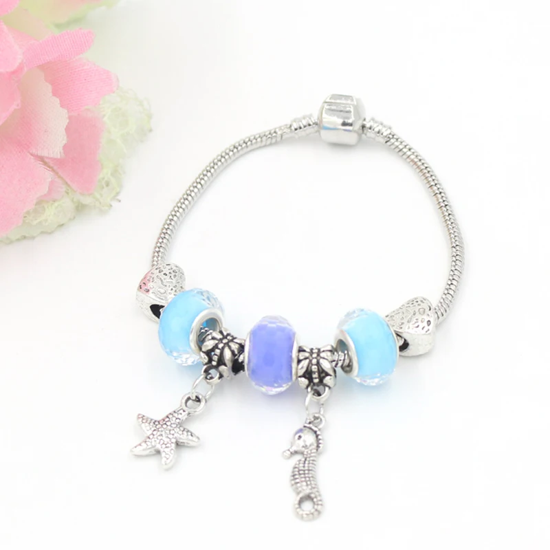 6PCS/Lot Wholesale DIY Jewelry Bracelet European Bead Ocean Beach Style Seahorse Starfish Charm Bracelets for women Pulsera | Украшения и