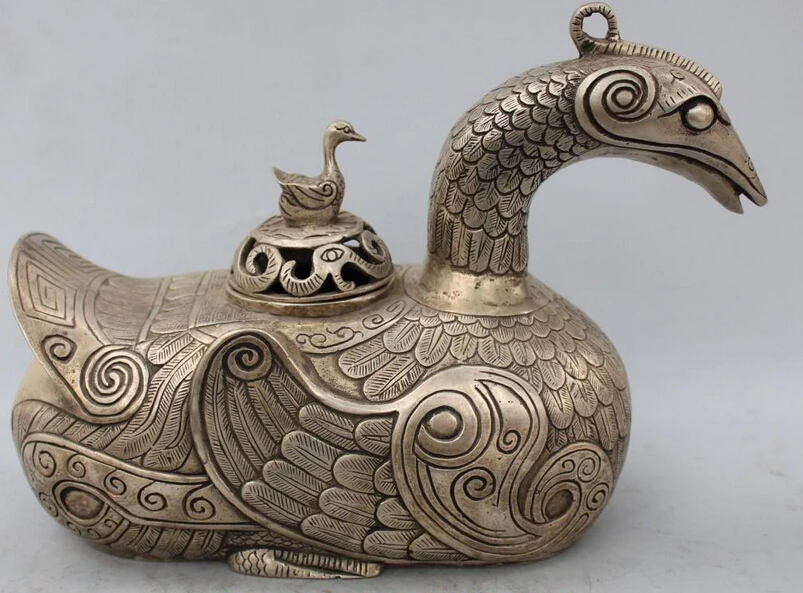 10" Marked Chinese Silver Duck Statue Incense Burner Censer phoenix Sculpture S0708 (B0413)
10" Marked Chinese Silver Duck Statue Incense Burner Censer phoenix Sculpture S0708 (B0413)