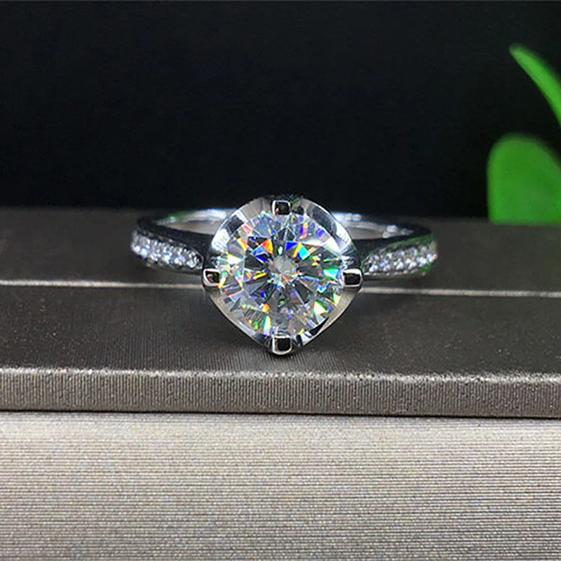 Solid 18K White Gold Center 1ct 6.5mm AU750 Round Brilliant Cut Side Stones Moissanite Ring Engagement For Women | Украшения и