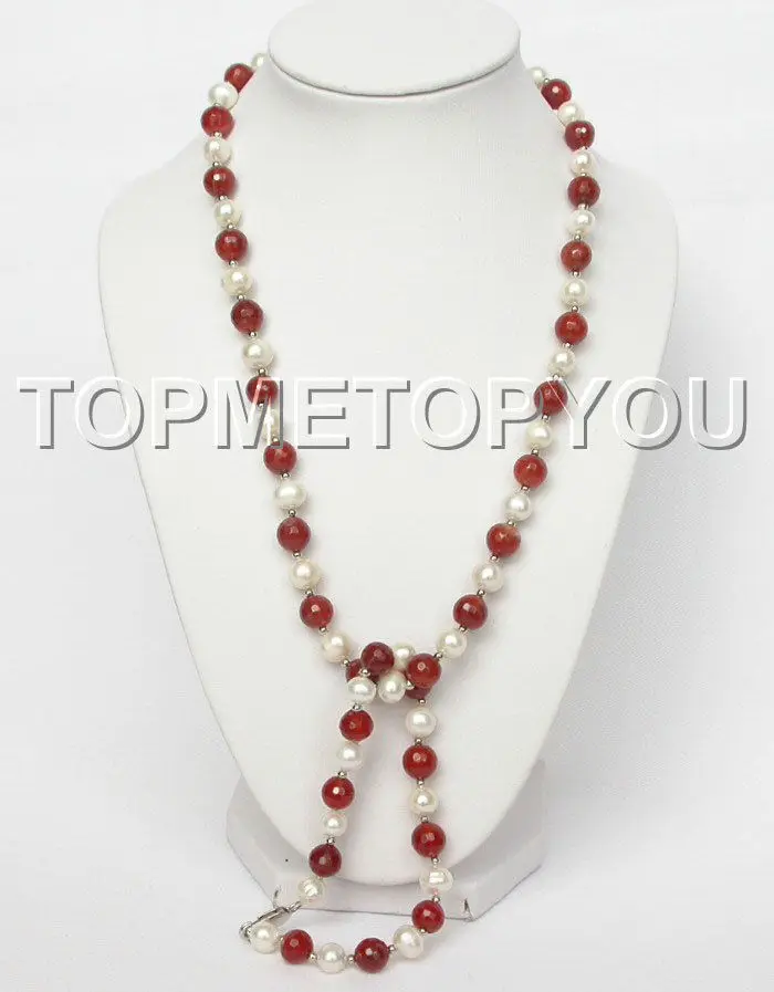 18" white freshwater pearls red jade necklace bracelet set AAA style 100% Natural Noble Fine jewe | Украшения и аксессуары