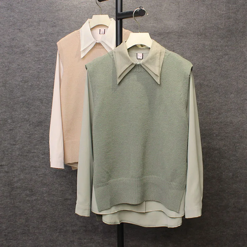 Women's Knit Vest Shirt Two-piece Tops Professional Women's Knitwear Wild Pure Color Short Short Long Knit Sweater Vest
Women's Knit Vest Shirt Two-piece Tops Professional Women's Knitwear Wild Pure Color Short Short Long Knit Sweater Vest