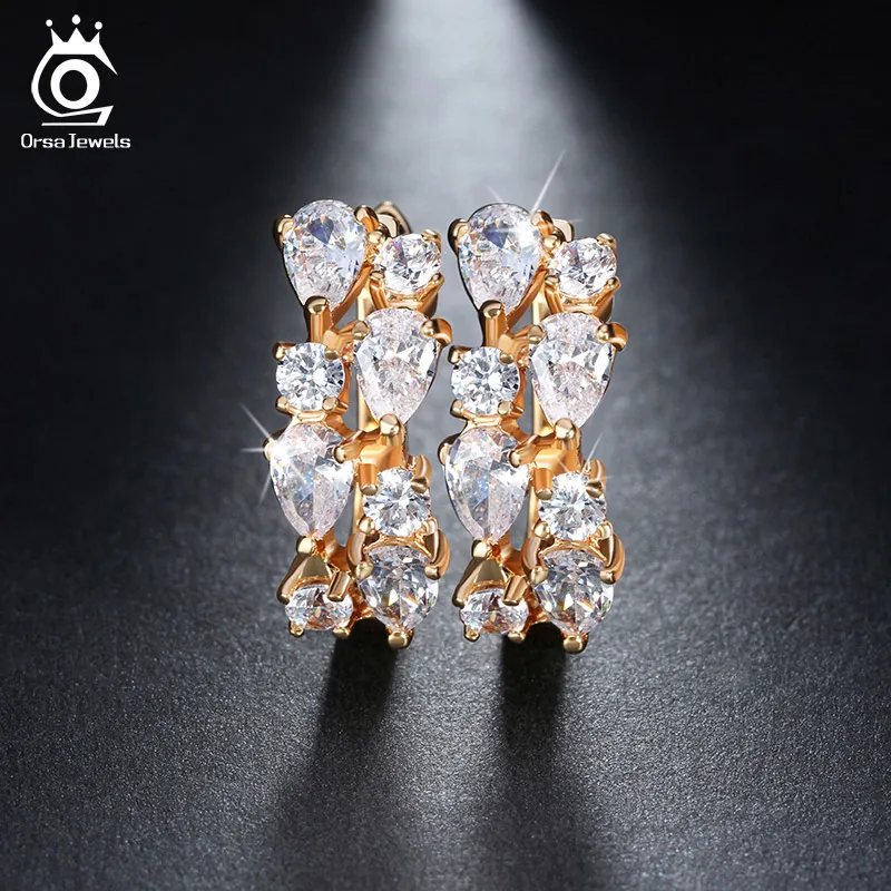 Image Luxury 4 Pieces 0.3ct Charming Clear Cubic Zirconia Stud Earrings Gold Plated for Party Fashion Women Jewelry OME18 W