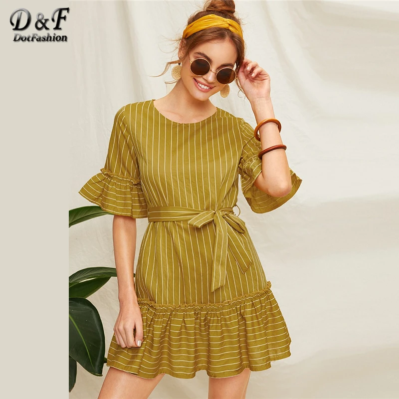 

Dotfashion Mustard Ruffle Hem Self Tie Striped Dress Women 2019 Cute Summer Flounce Sleeve Ladies Casual High Waist Short Dress