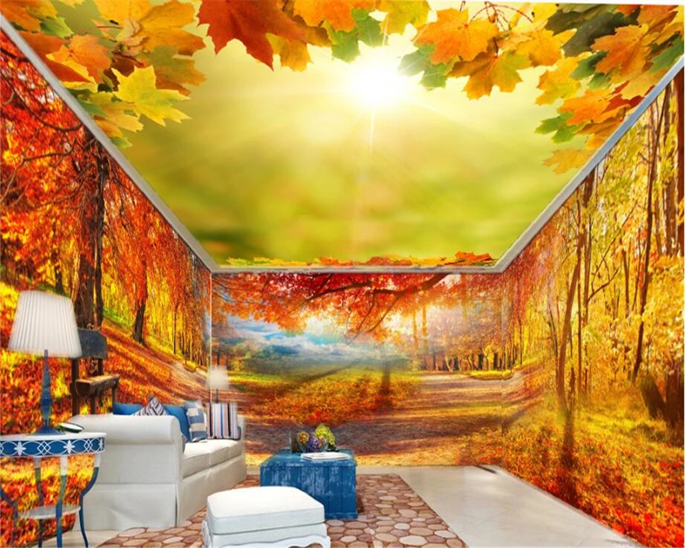 

beibehang Birch forest pine tree maple autumn theme space three-dimensional wall paper full house wallpaper for walls 3 d behang