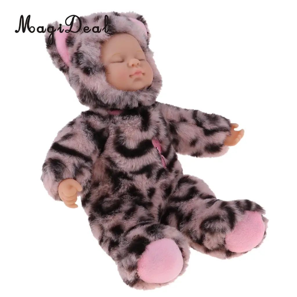 Cute Sleeping Baby Doll Stuffed Doll Leopard Print Clothes Kids Plush Toys For Christmas Gift Baby Doll Reborn Baby Kids Toys