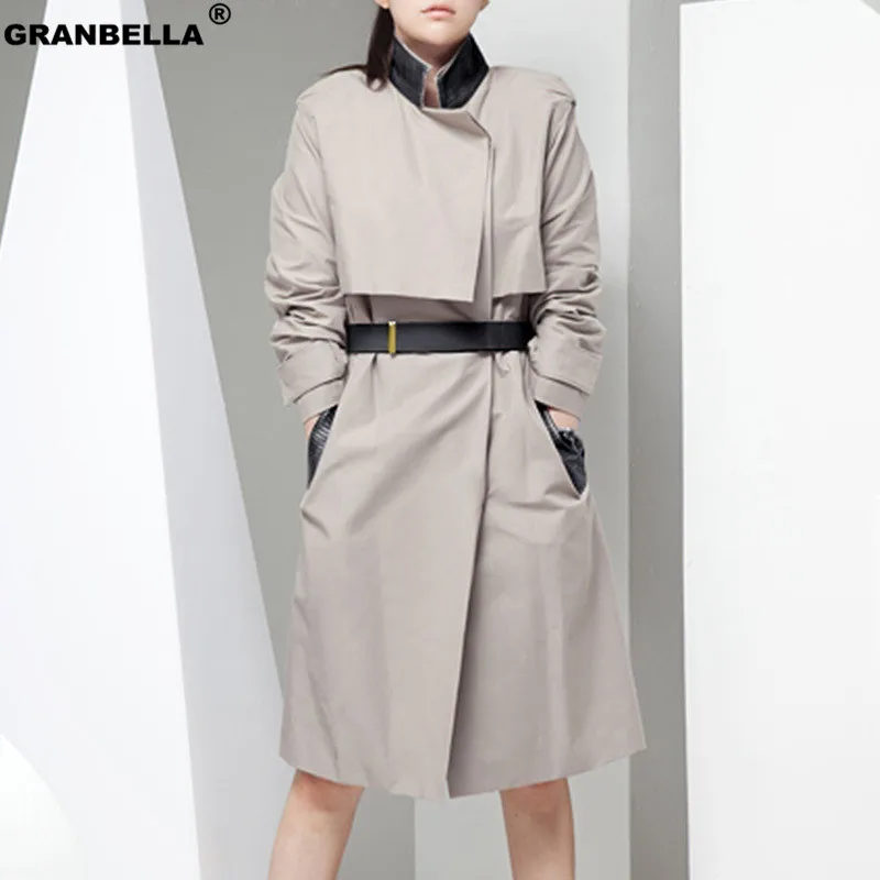 High quality women stand collar elegant long trench coat autumn fashion PU leather patchwork slim windbreaker for office ladies
High quality women stand collar elegant long trench coat autumn fashion PU leather patchwork slim windbreaker for office ladies