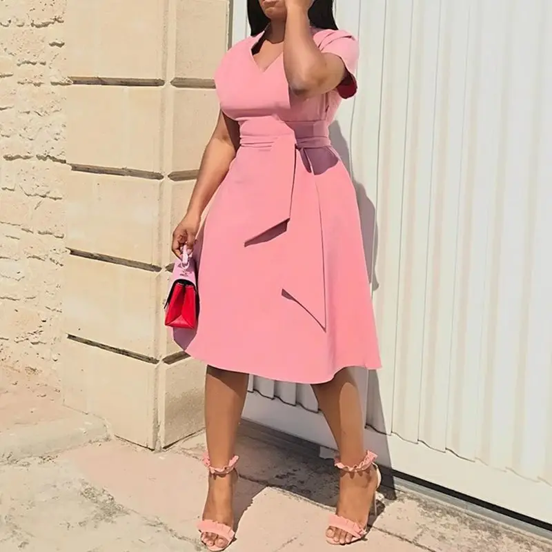 Pink Sweet African Fashion Plus Size Party Elegant Summer Women Midi Dresses Plain Lace Up Office Ladies Female Vintage Dress
Pink Sweet African Fashion Plus Size Party Elegant Summer Women Midi Dresses Plain Lace Up Office Ladies Female Vintage Dress