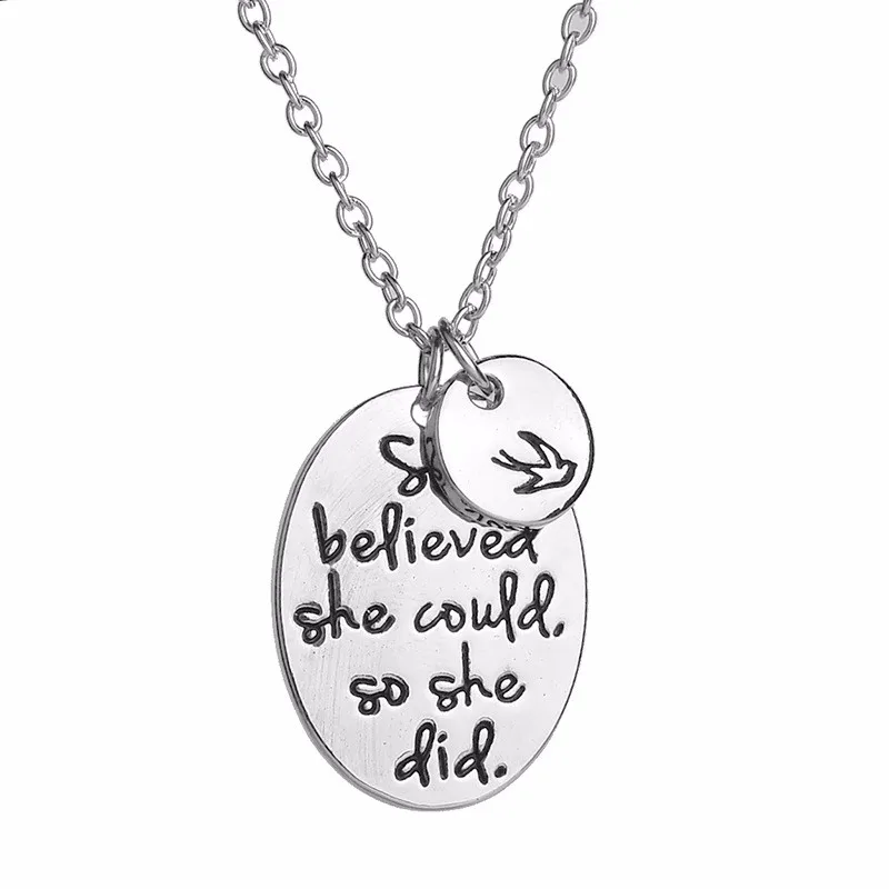 Classic Silver Necklace Bird She Believe She Could So She Did Inspirational Quotes Stainless Steel Pendant Encouragement Jewelry
Classic Silver Necklace Bird She Believe She Could So She Did Inspirational Quotes Stainless Steel Pendant Encouragement Jewelry