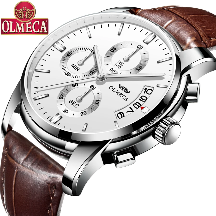 Watch Men Business Luxury Brand Olmeca Mens Chronograph Waterproof Leather strap Quartz WristWatch Relogio Masculino 0826P | Наручные