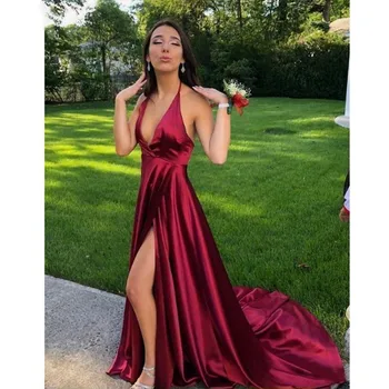 Burgundy Evening Dress Simple Halter A-line High Slit Sexy Backless Sleeveless Satin Reflective Sweep Train Customized Prom Gown
Burgundy Evening Dress Simple Halter A-line High Slit Sexy Backless Sleeveless Satin Reflective Sweep Train Customized Prom Gown