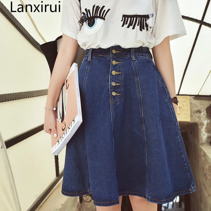 

New Denim Woman Skirt A-line Jeans Front Button Knee-Length High Waist Saia Jupe Korea Style Skirts Women Saias