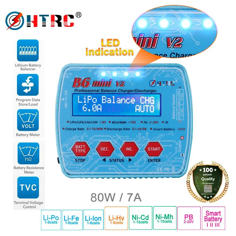 Цифровое балансирующее зарядное устройство HTRC B6 Mini V2 80 Вт 7A для Lipo Lihv LiIon LiFe NiCd NiMH