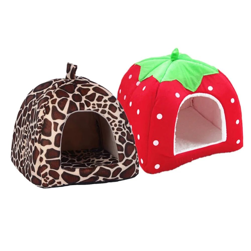 Image Pet Cat House Foldable Soft Winter Leopard Dog Bed Strawberry Cave Dog House Cute Kennel Nest Dog Fleece Cat Bed