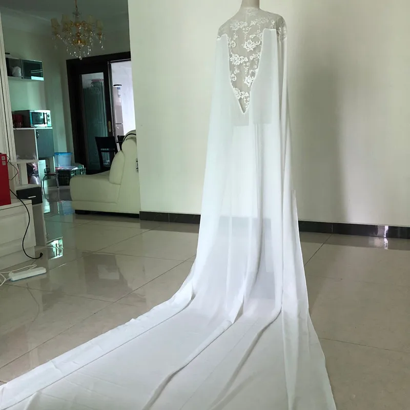 

New Real Picture Bridal Long Jackets Cloak White Ivory For Dress Cape Lace Chiffon Custom Made Wedding Wraps Accessories Jacket