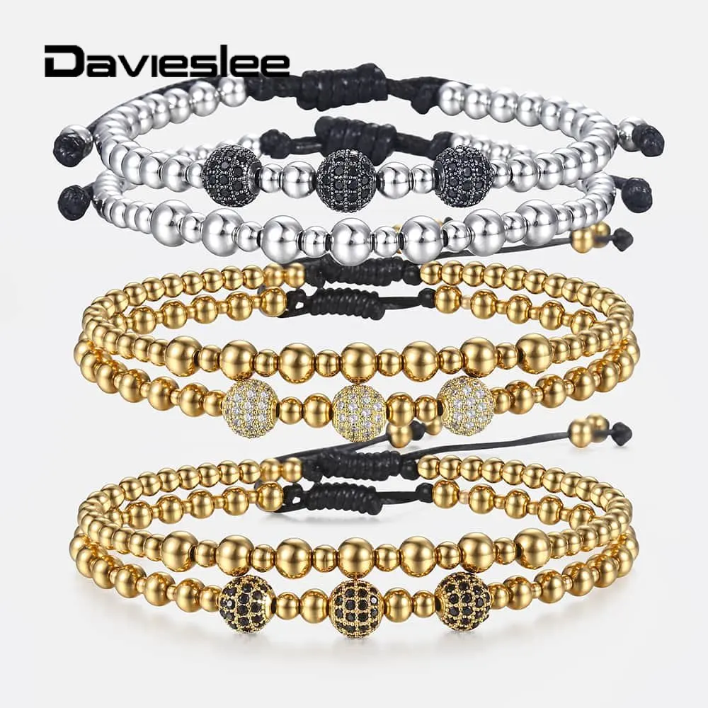 Davieslee Black CZ Beaded Bracelets for Mens Chain Wristband Silver Color Gold Color Stainless Steel Bead Mens Bracelets LDBM52 |