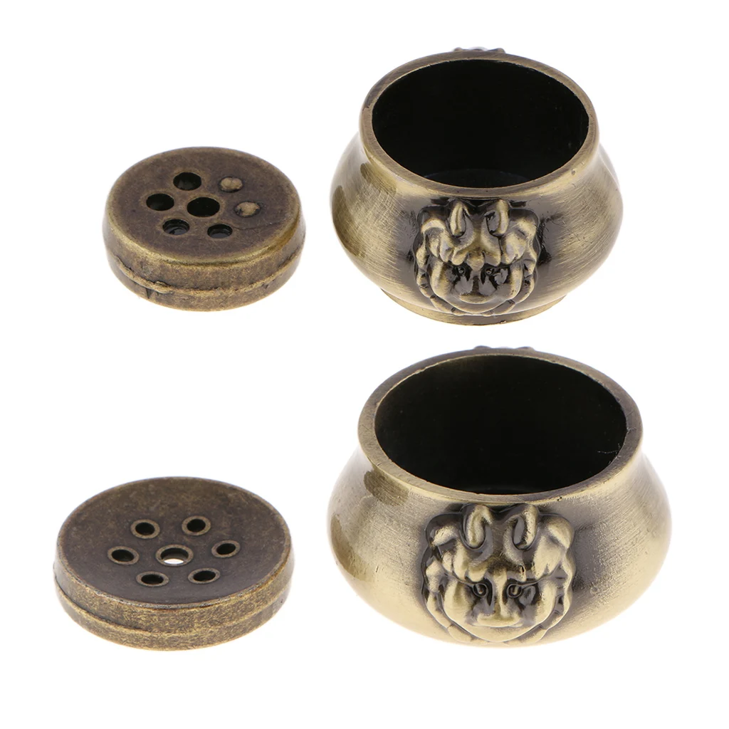 Antique Lion Head Statue Bowl Coil Incense Burner Holders Set Bronze 2 Sizes